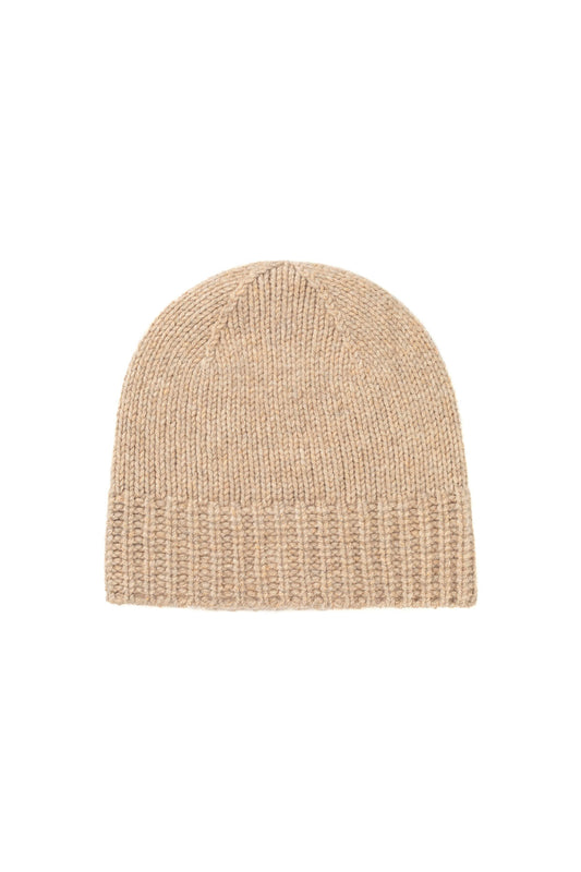 Johnstons of Elgin’s Oatmeal Cashmere Chunky Rib Beanie on white background HAT03246HB0210