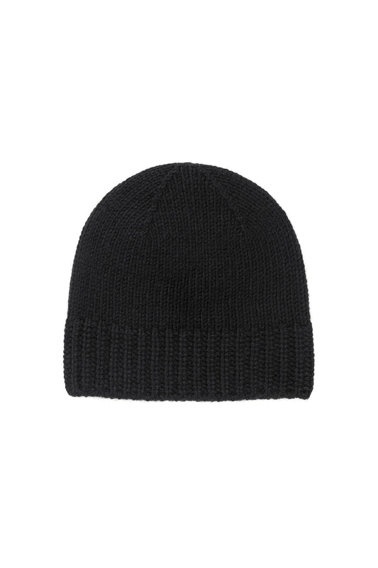 Johnstons of Elgin’s Black Cashmere Chunky Rib Beanie on white background HAT03246SA0900