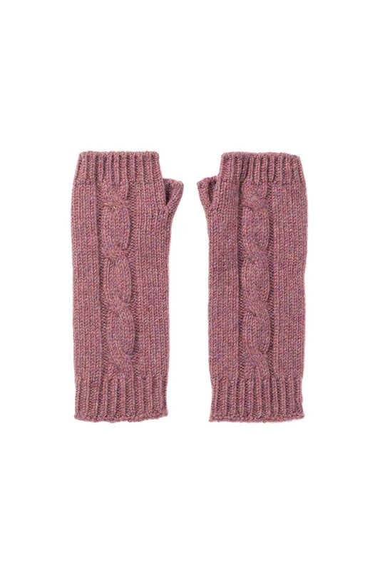 Johnstons of Elgin’s Heather pink chunky cable cashmere wrist warmers on a white background