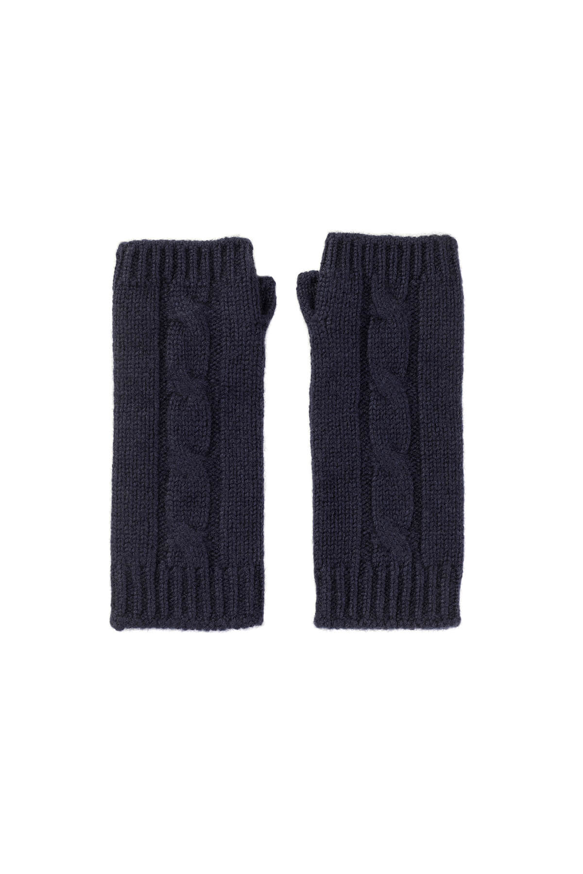 Johnstons of Elgin’s Navy Cable Cashmere Wrist Warmers on a white background HAY03197SD0707