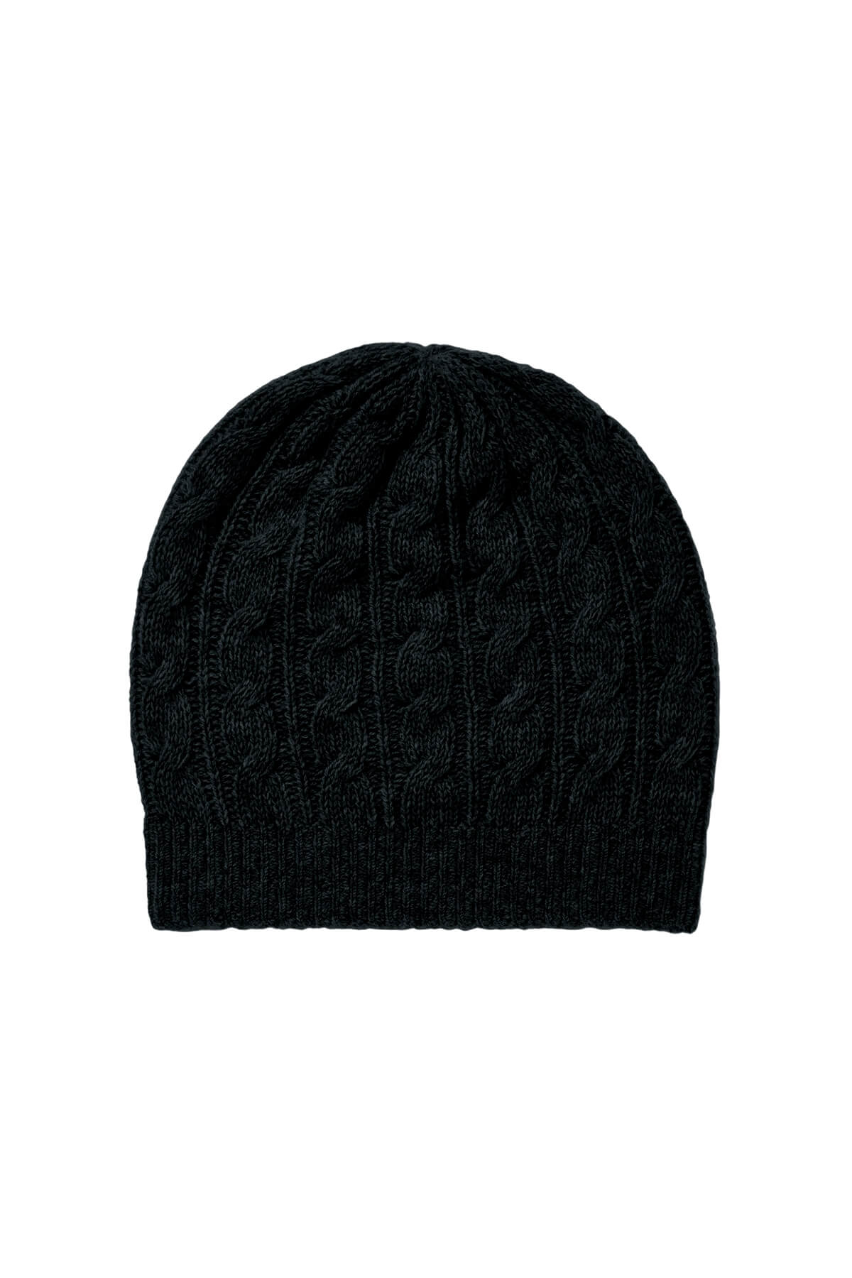 Johnstons of Elgin’s Black Gauzy Cable Cashmere Relaxed Beanie on a white background HAY03300SA0900