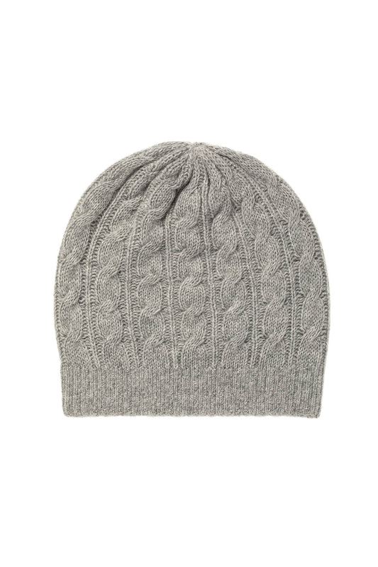 Johnstons of Elgin’s Light Grey Gauzy Cable Cashmere Relaxed Beanie on a white background HAY03300HA0308