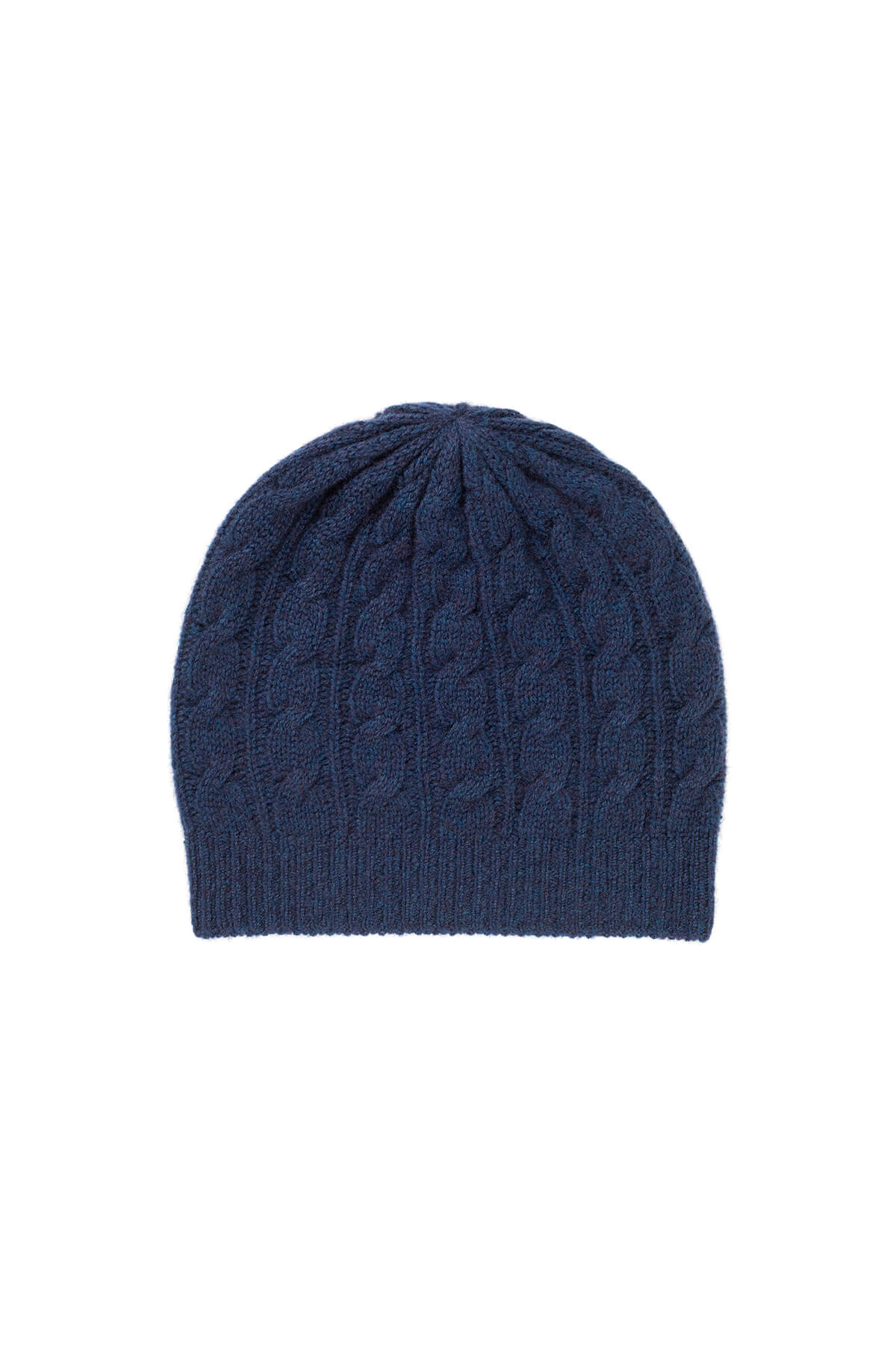 Johnstons of Elgin’s Ocean blue Gauzy Cable Cashmere Relaxed Beanie on a white background HAY03300HD7244