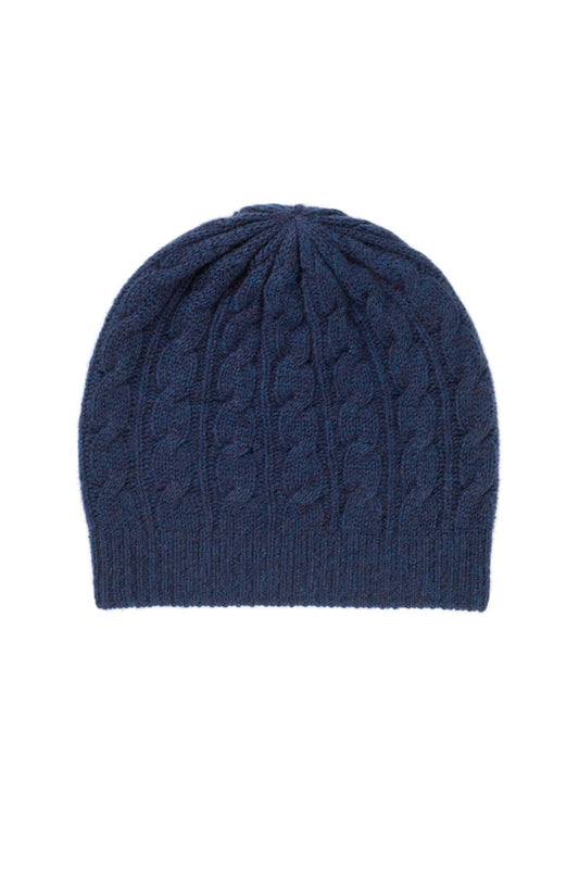 Johnstons of Elgin’s Ocean blue Gauzy Cable Cashmere Relaxed Beanie on a white background HAY03300HD7244