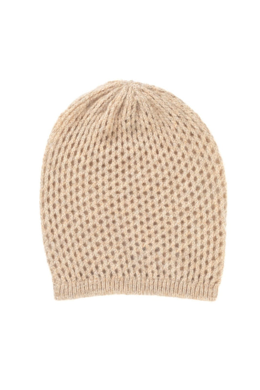 Johnstons of Elgin’s Oatmeal Cashmere Crochet Beanie on a white background HAY03301HB0210