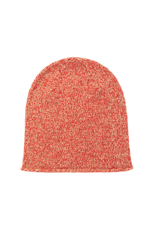Johnstons of Elgin’s Orkney Red Camel Cashmere Donegal Marl Beanie on a white background HAY03303004530