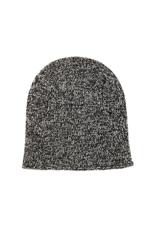 Johnstons of Elgin’s Charcoal White Cashmere Donegal Marl Beanie on a white background HAY03303004527