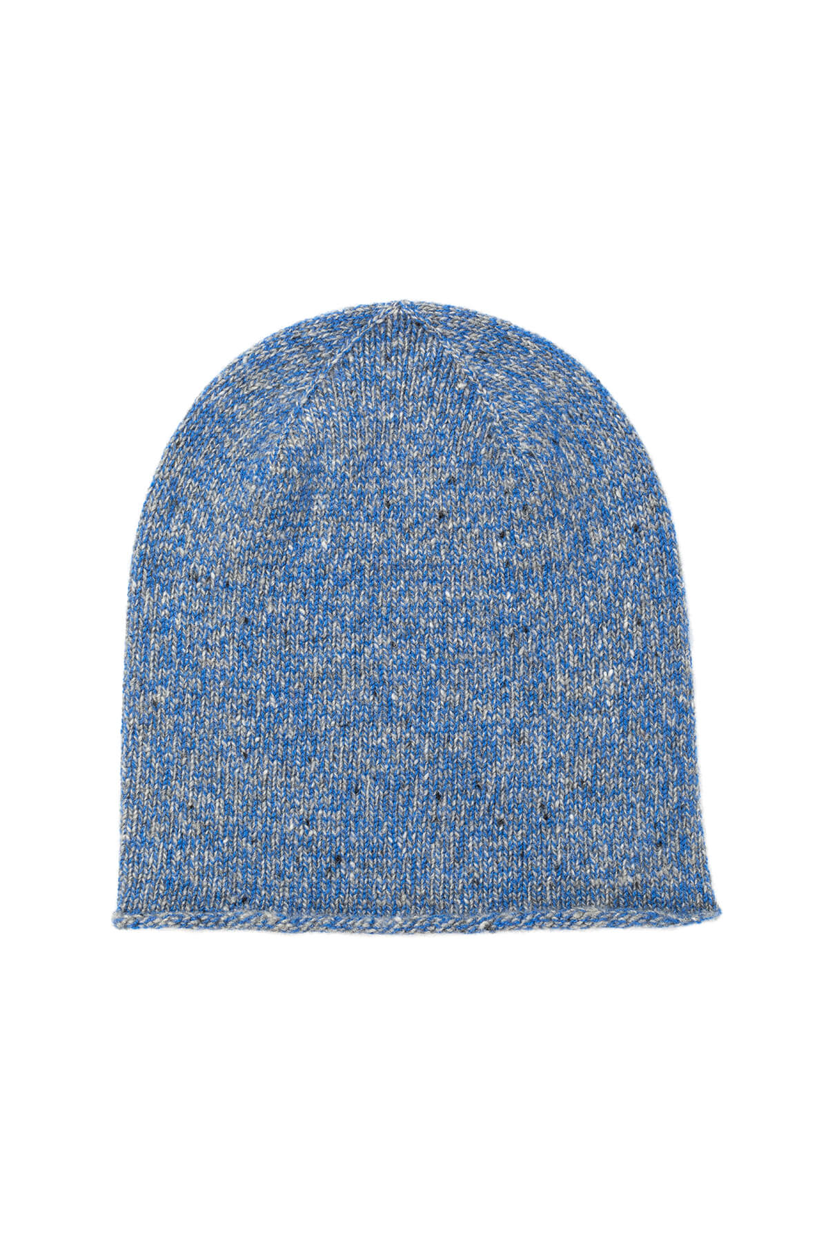 Johnstons of Elgin’s Orkney Blue Light Grey Cashmere Donegal Marl Beanie on a white background HAY03303004528