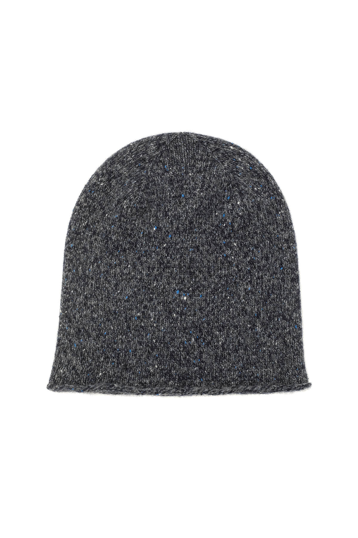 Johnstons of Elgin’s Mid Grey Cashmere Donegal Marl Beanie on a white background HAY03303004529