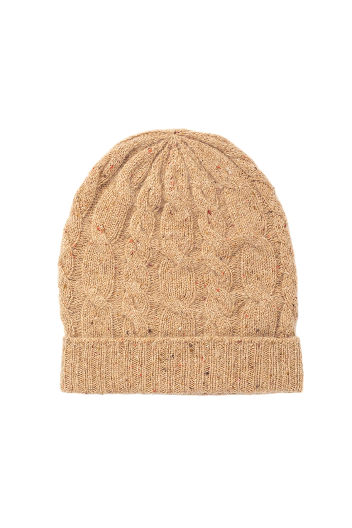 Johnstons of Elgin’s Camel Cashmere Donegal Cable Beanie on a white background HAY03304004507