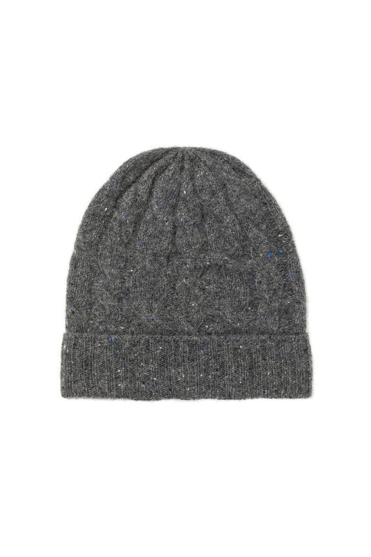 Johnstons of Elgin’s Mid Grey Cashmere Donegal Cable Beanie on a white background HAY03304004506