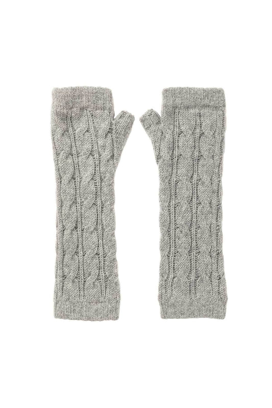 Johnstons of Elgin’s Light Grey Cashmere Gauzy Cable Wrist Warmers on a white background HAY03305HA0308