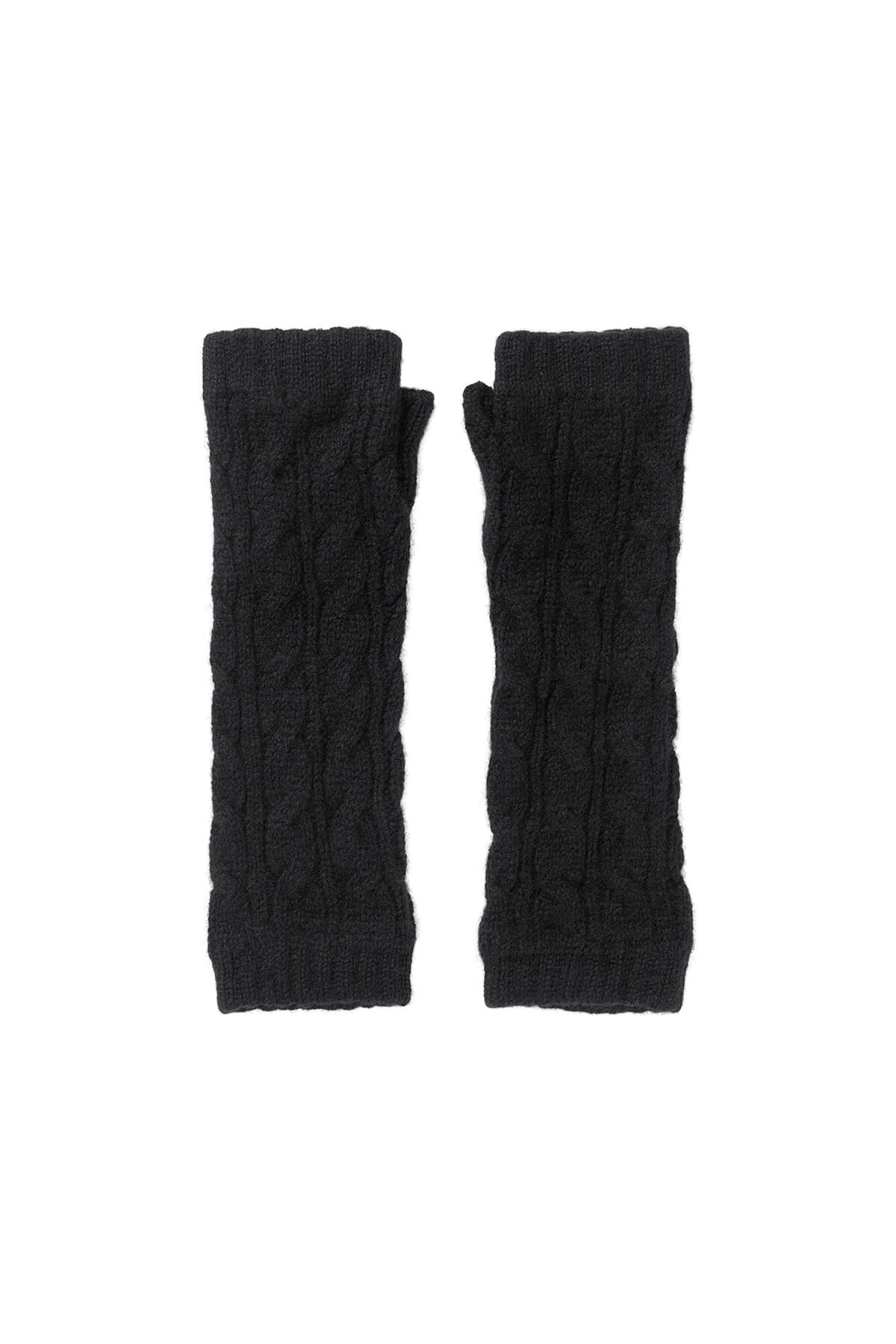 Johnstons of Elgin’s Black Cashmere Gauzy Cable Wrist Warmers on a white background HAY03305SA0900