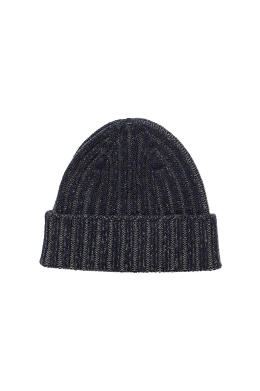 Johnstons of Elgin AW24 Knitted Accessory Dark Navy Donegal & SFA Mid Grey Donegal Cashmere Rib Beanie HAY03410Q24499ONE