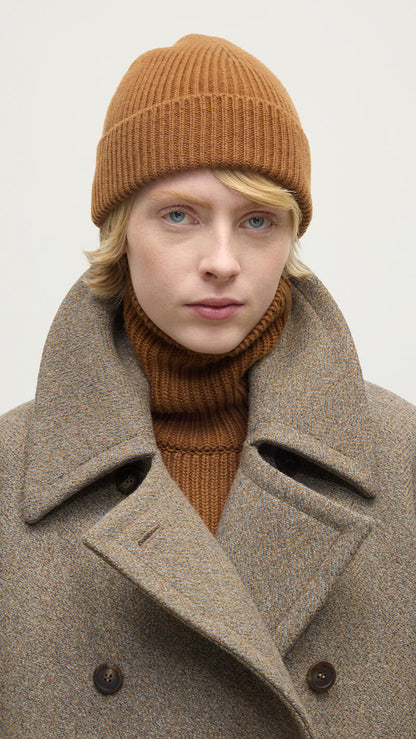 Johnstons of Elgin AW25 Knitted Accessories Dark Camel Ribbed Camel Cashmere Beanie HAY03536SB4620ONE