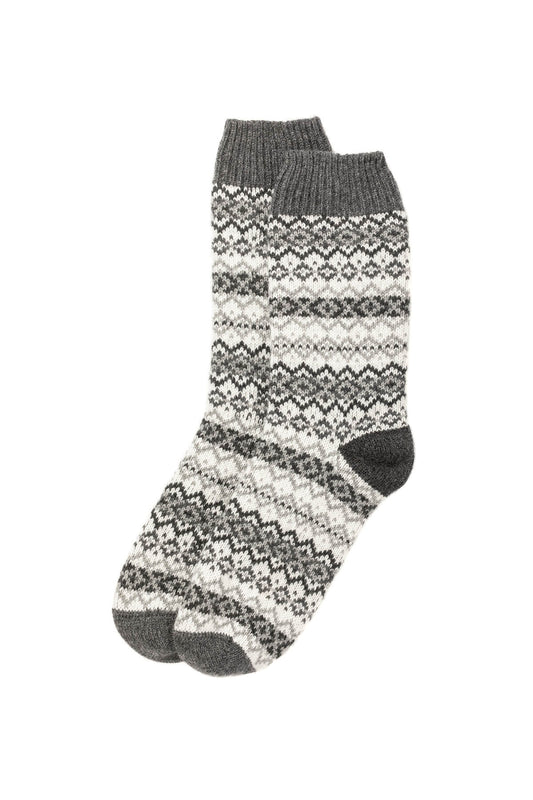Johnstons of Elgin Cashmere Fairisle Socks in Mid Grey on a white background HBE01024Q23717ONE