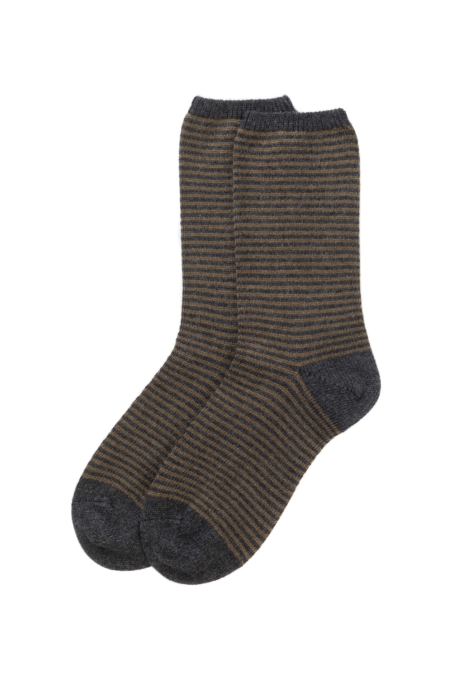 Johnstons of Elgin AW24 Knitted Accessory Charcoal & Olive Women's Fine Stripe Short Cashmere Socks HBG00368Q24569ONE