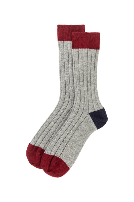 Johnstons of Elgin Men's Colour Block Socks in Grey with a Navy Blue Heel and Dark Red Toe and Welt HBN00010Q23791