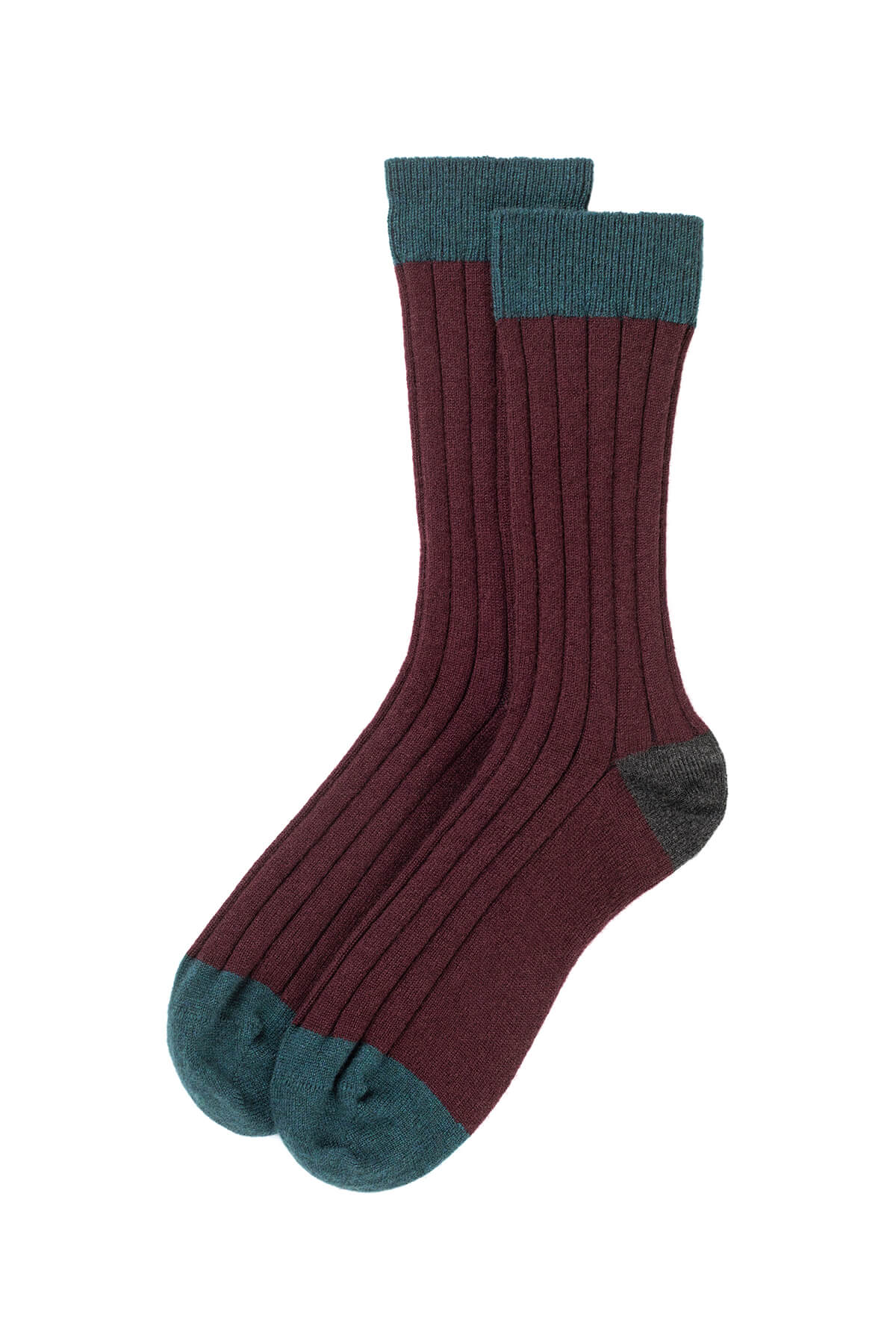 Johnstons of Elgin Men's Colour Block Socks in Bramble with a Grey Heel and mallard green Toe and Welt HBN00010Q23792