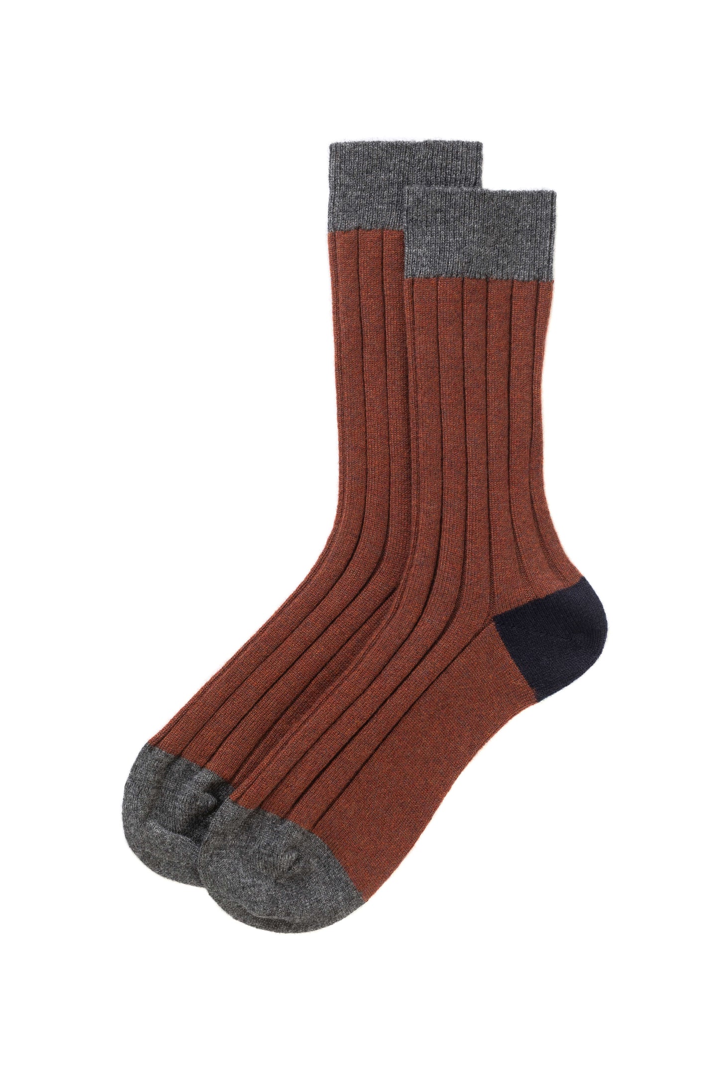 Johnstons of Elgin AW24 Knitted Accessory Mid Grey & Russet & Dark Navy Colour Block Men's Cashmere Socks HBN00010Q24564