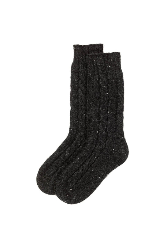 Johnstons of Elgin’s Charcoal Donegal Cable Cashmere Socks on a white background HBY01023002675