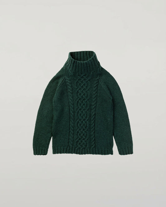 Johnstons of Elgin children's cashmere sweater in dark green lying on a white background JA000106HC4103
