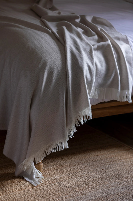 2025 Johnstons of Elgin Interiors Collection Silver Birch & White Herringbone Merino Bed Throw detail WD001115RU5856ONE