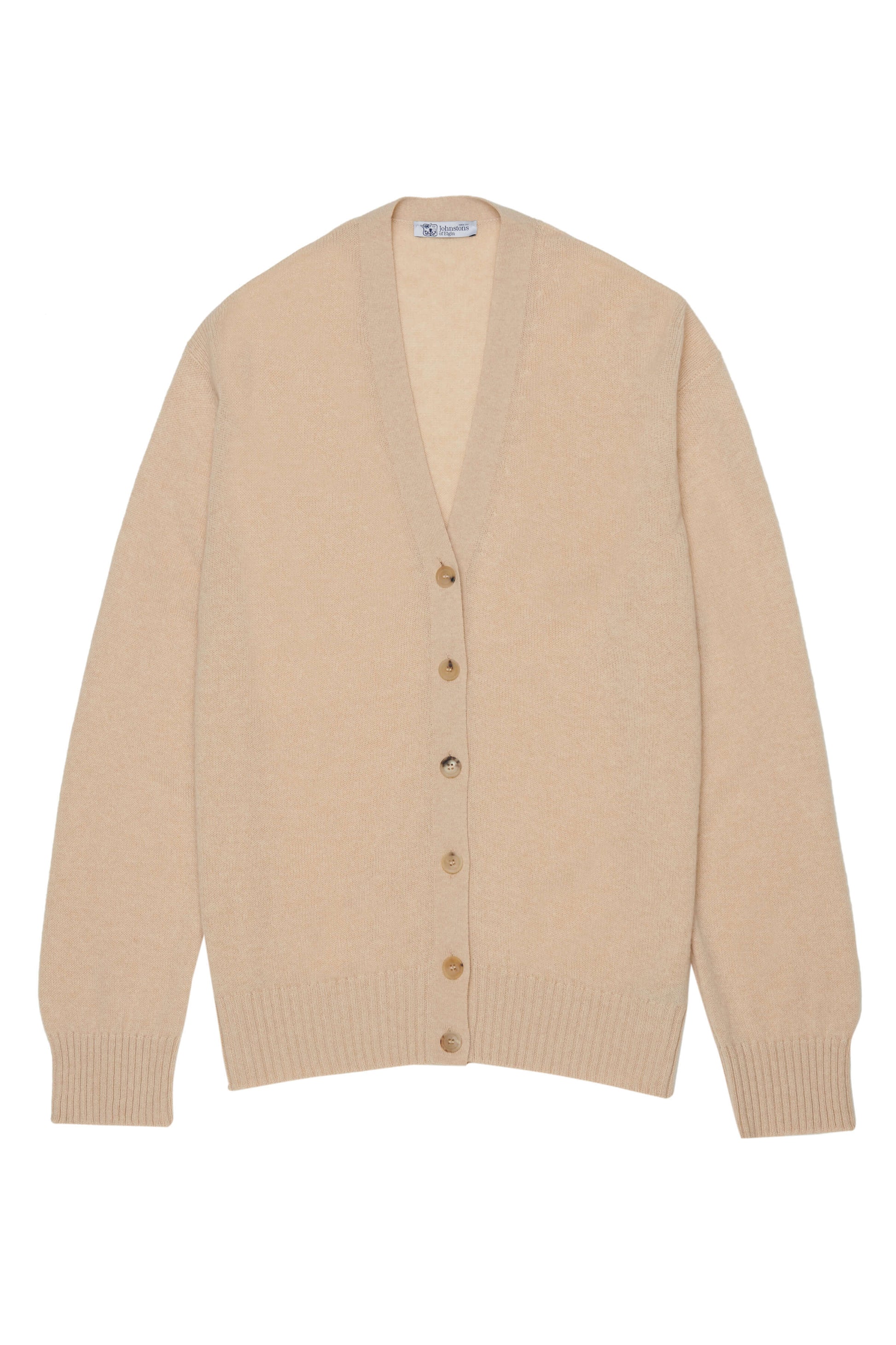 Johnstons of Elgin Gauzy Cashmere Women's V Neck Cardigan in Oatmeal on a white background KAA04991HB0210