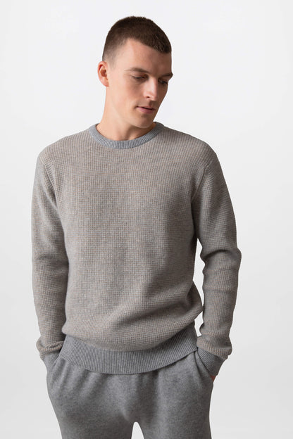 Johnstons of Elgin Mens Knitwear Light Grey & Oatmeal Textured Waffle Rib Cashmere Jumper KAA05042Q23703