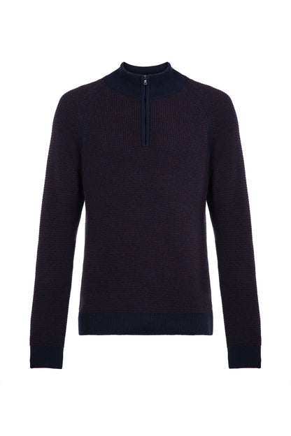 Johnstons of Elgin men's textured zip neck sweater in malt marl on a white background KAA05043Q24457