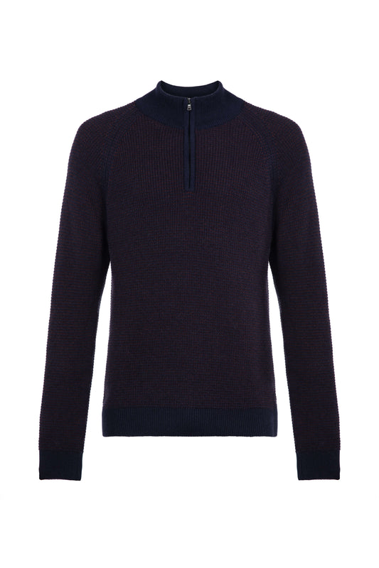 Johnstons of Elgin men's textured zip neck sweater in malt marl on a white background KAA05043Q24457