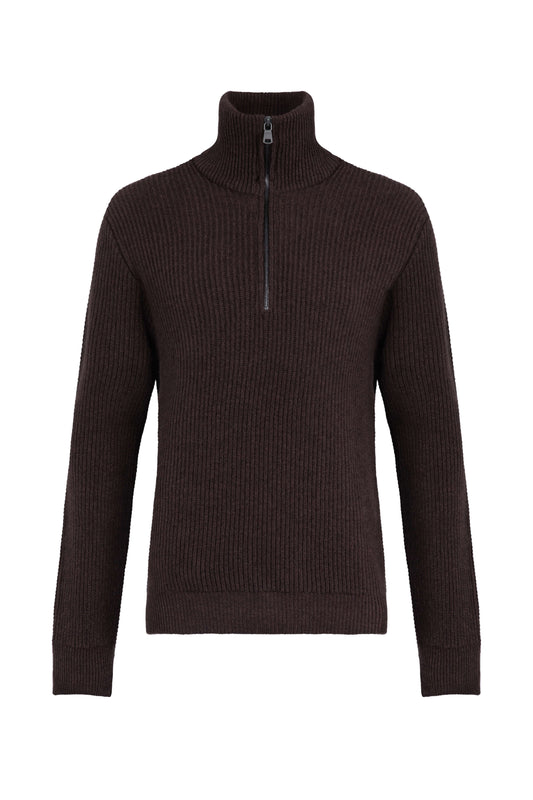 Johnstons of Elgin Men's Knitwear Peat Brown Ribbed Cashmere Zip Neck KAA05112HB7078