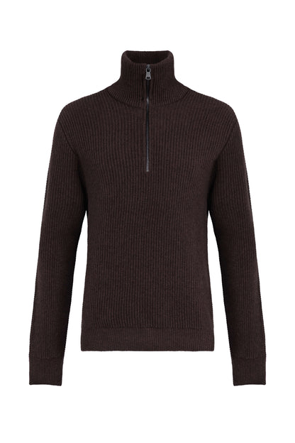 Johnstons of Elgin Men's Knitwear Peat Brown Ribbed Cashmere Zip Neck KAA05112HB7078