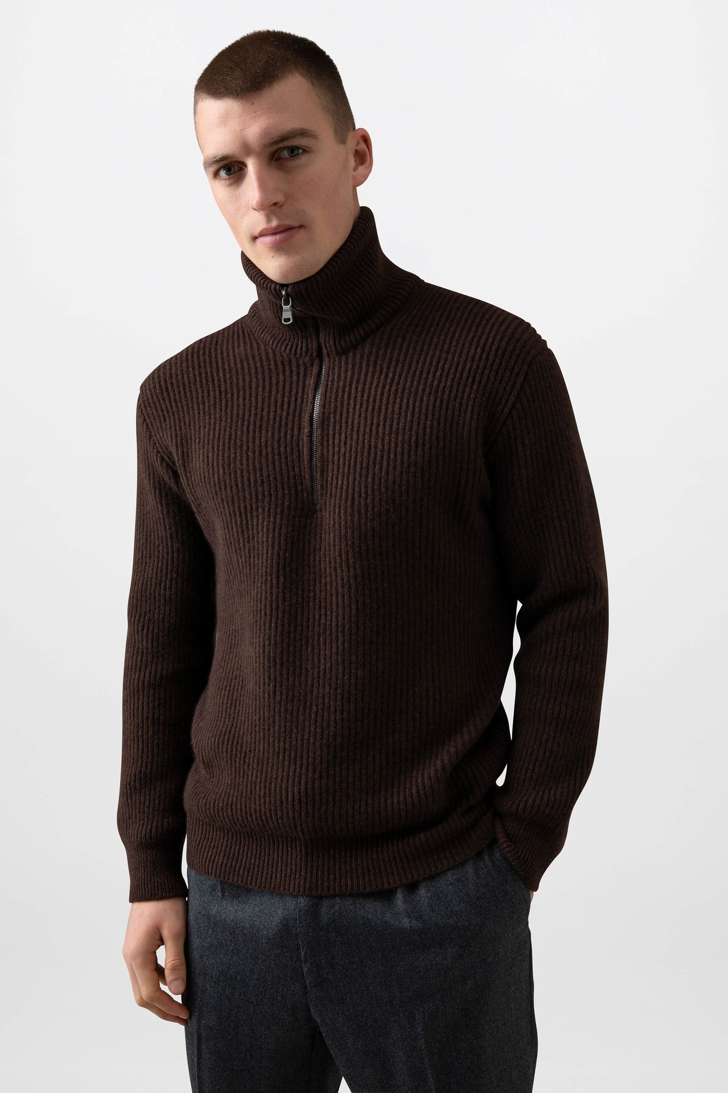 Johnstons of Elgin Men's Knitwear Peat Brown Ribbed Cashmere Zip Neck KAA05112HB7078