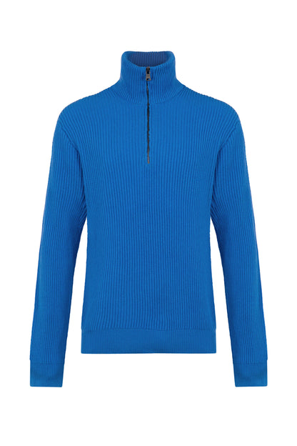 Johnstons of Elgin Men's Knitwear Orkney Blue Ribbed Cashmere Zip Neck KAA05112SD4991