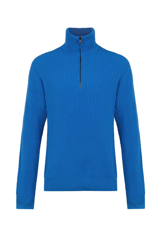 Johnstons of Elgin Men's Knitwear Orkney Blue Ribbed Cashmere Zip Neck KAA05112SD4991