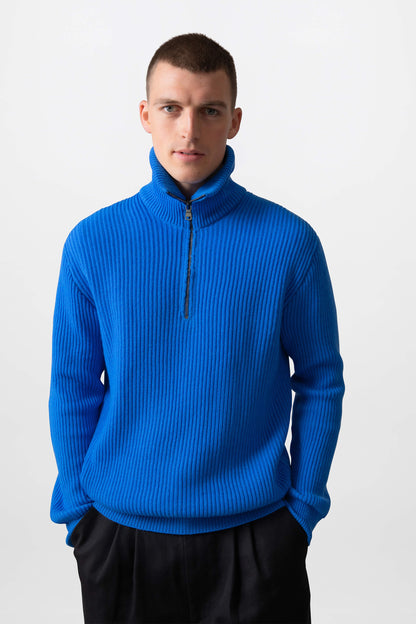 Johnstons of Elgin Men's Knitwear Orkney Blue Ribbed Cashmere Zip Neck KAA05112SD4991