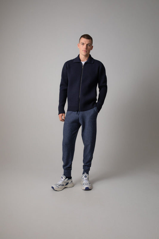 ohnstons of Elgin Men's Superfine Merino Seamless Cuffed Joggers in Marine with Navy Cashmere Cardigan KDI00698HD7242