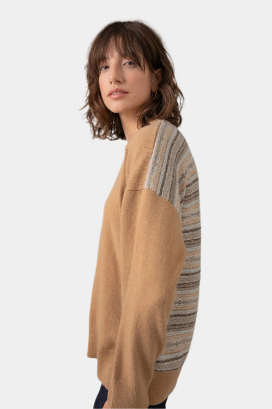 Johnstons of Elgin Women's Round Neck Fair Isle Back Jumper in Camel on a grey background KAA05152Q23722