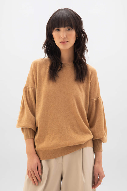 Johnstons of Elgin SS24 Women's Knitwear Camel Balloon Sleeve Cashmere Sweater KAA05208HB4315