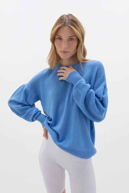 Johnstons of Elgin SS24 Women's Knitwear Skye Blue Balloon Sleeve Cashmere Sweater KAA05208SD4950