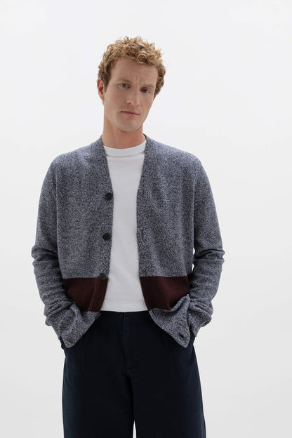 Johnstons of Elgin SS24 Men's Knitwear Dark Navy Marl Unisex Colour Block Cashmere Cardigan KAA05223Q24302