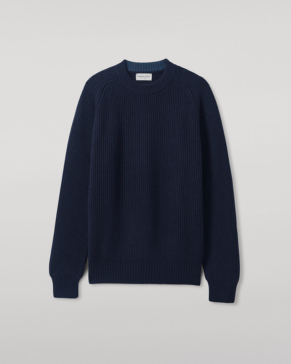 Johnstons of Elgin AW25 Men's Knitwear Dark Navy & Heather Navy Contrast Neck Navy Cashmere Jumper KAA05270Q25362