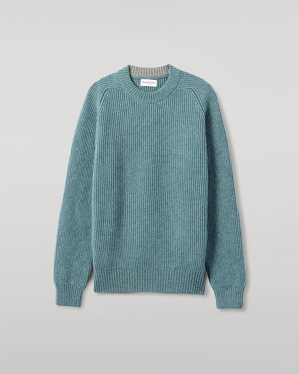 Johnstons of Elgin AW25 Men's Knitwear Seascape & Light Grey Contrast Neck Green Cashmere Jumper KAA05270Q25365