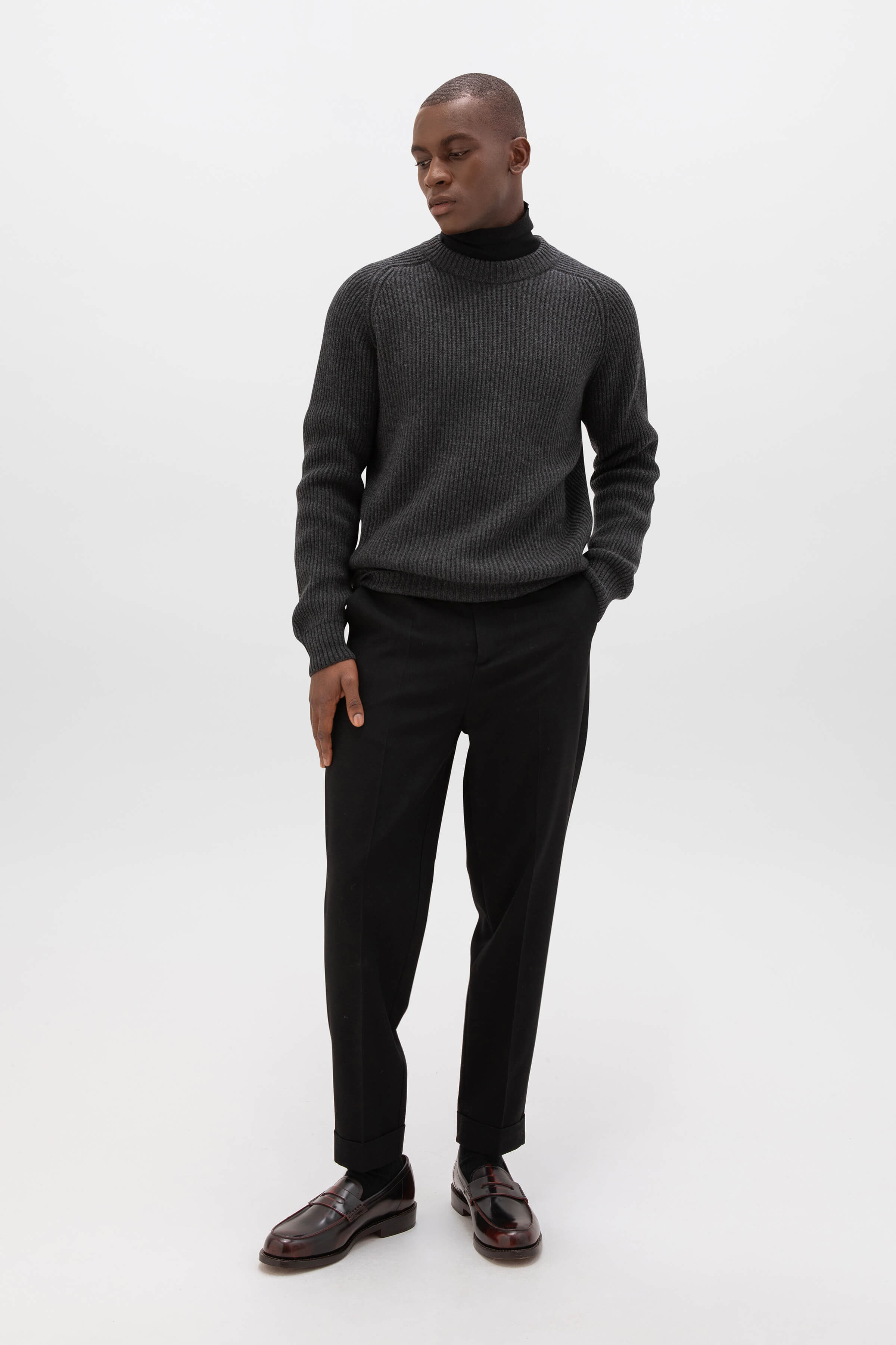 Charcoal Cashmere Ribbed Crew Neck Jumper Johnstons of Elgin