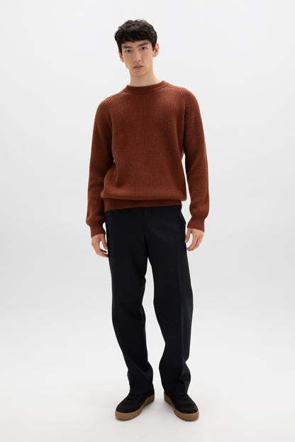 Johnstons of Elgin AW24 Men's Knitwear Russet & Dark Navy Cashmere Ribbed Crew Neck Jumper KAA05270Q24542