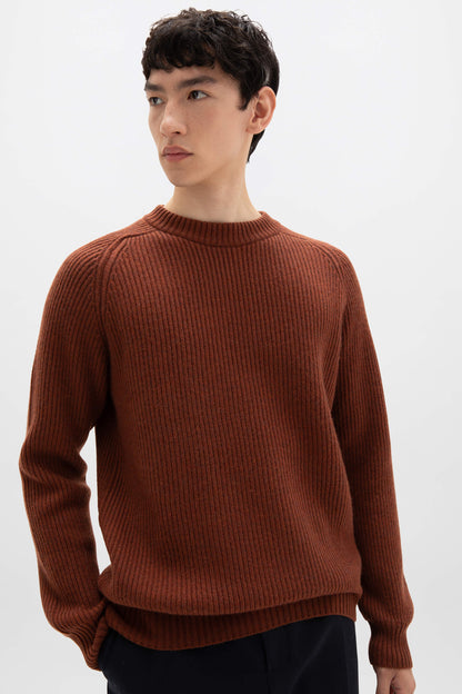 Johnstons of Elgin AW24 Men's Knitwear Russet & Dark Navy Cashmere Ribbed Crew Neck Jumper KAA05270Q24542