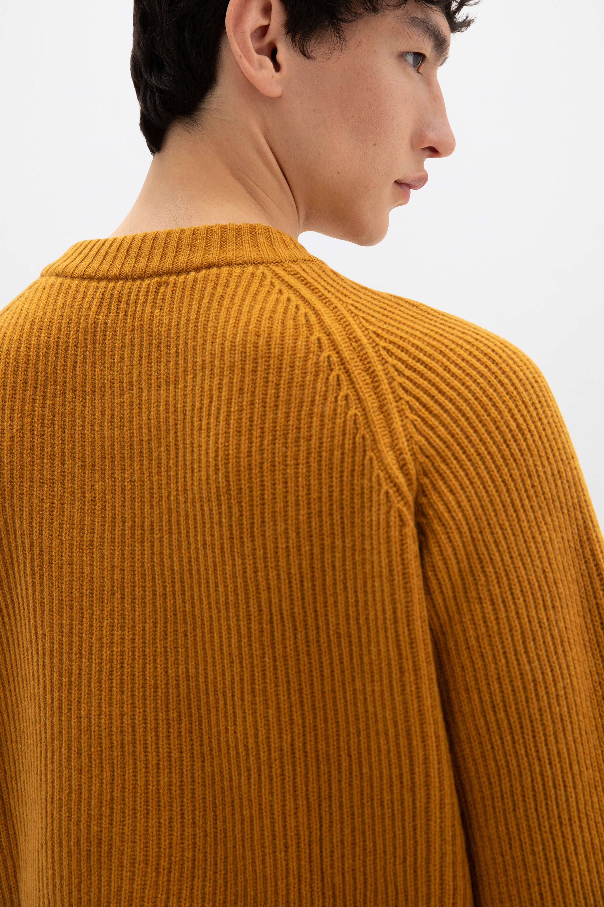 Johnstons of Elgin AW24 Men's Knitwear Ochre & Oatmeal Cashmere Ribbed Crew Neck Jumper KAA05270Q24545