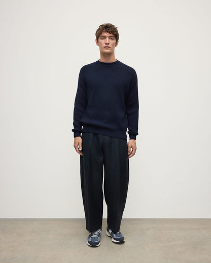 Front view of a model wearing Johnstons of Elgin AW25 Men's Knitwear Dark Navy & Heather Navy Contrast Neck Navy Cashmere Jumper KAA05270Q25362