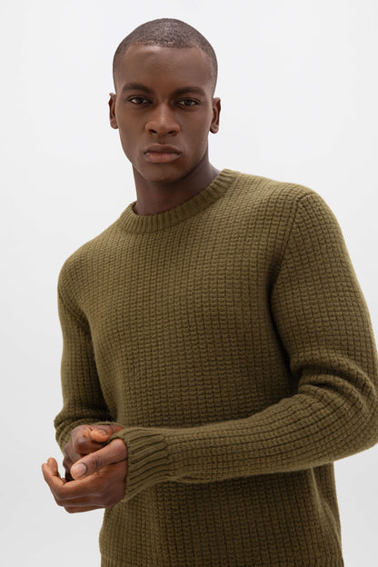 Johnstons of Elgin AW24 Men's Knitwear Olive Waffle Textured Cashmere Jumper KAA05301SC4573